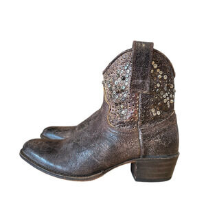 Frye Vintage Brown Leather Deborah Studded Western Ankle Boots